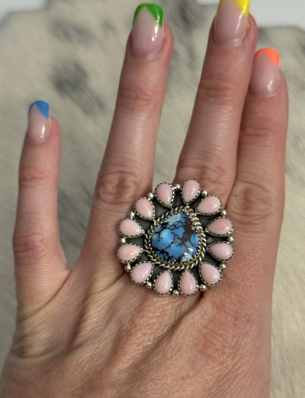 Sterling Silver Golden Hills Turquoise & Pink Conch Multi-Stone Cluster Ring